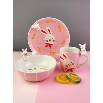 泰國進口兒童陶瓷餐具萌萌兔卡通碗寶寶飯碗馬克杯水杯餐盤釉下彩