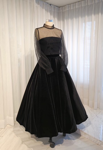 植絨黑色網紗 高領燈籠袖外罩衫  高雅好搭配