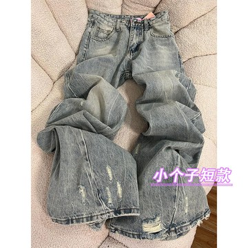美式複古破洞牛仔褲女夏季新款高腰寬鬆顯瘦闊腿褲