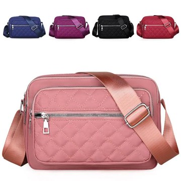 尼龍女包橫款方形休閑好看四層拉鏈口袋純色車縫線單肩斜挎小方包