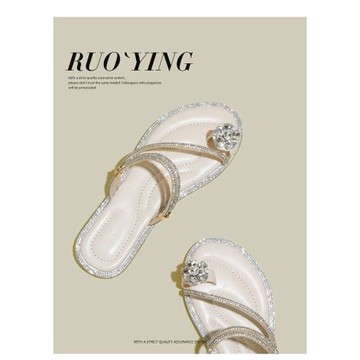 水鉆涼鞋女夏季夾趾兩穿41-43大碼平底海邊沙灘度假涼拖鞋女外穿