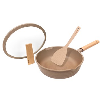 Taste plus 悅味 悅味元麥 陶土內外不沾鍋/平底炒鍋 IH全對應 附瀝水鍋蓋 + 木鏟  1個  28cm