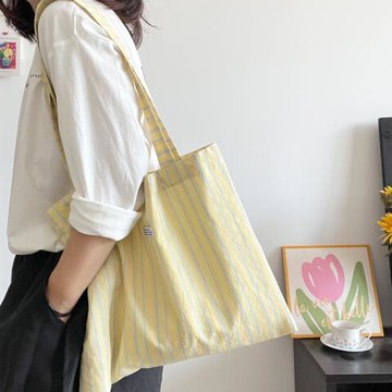 春夏新款清新撞色條紋肌理感單肩包薄款棉布包單肩包女包帆布袋