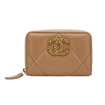 二手品 Chanel 19 雙C金Logo羊皮拉鍊零錢包(AP0949-米色)