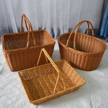 仿藤塑料編織提手方形野餐籃塑料籃購物籃菜籃采摘果籃子果蔬籃