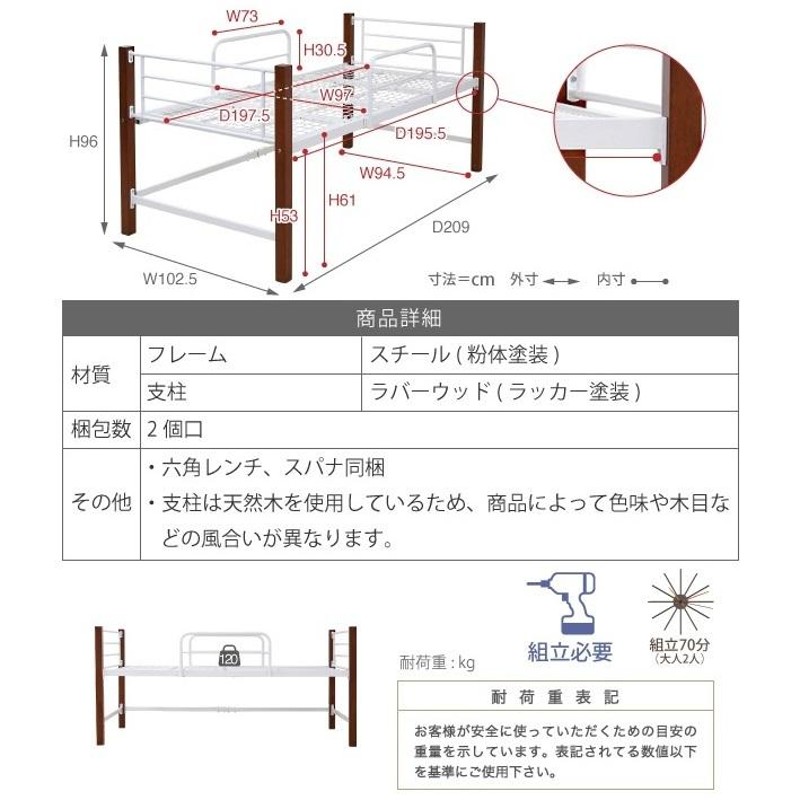 直送 シングル ベッド 天然木 アイアン パイプ フレーム 高さ 96cm 幅