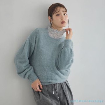 〚earth music〛毛絨蓬袖剪裁圓領針織衫