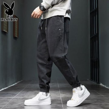 花花公子黑色牛仔褲男士束腳長褲2026年春季新款潮流寬松哈倫褲男