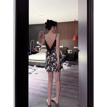 DUYI~夢詩 睡裙女胖mm大碼純欲風性感冰絲夏季蕾絲花邊氣質露背吊帶睡衣女裙
