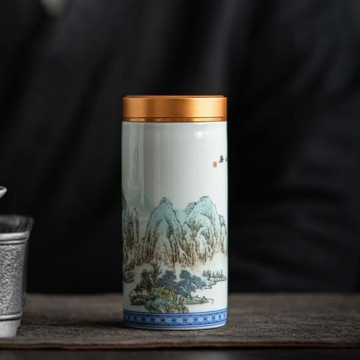 吾唯知足陶瓷茶葉罐富春山居便攜迷你密封茶倉仿古泥中式茶倉批發