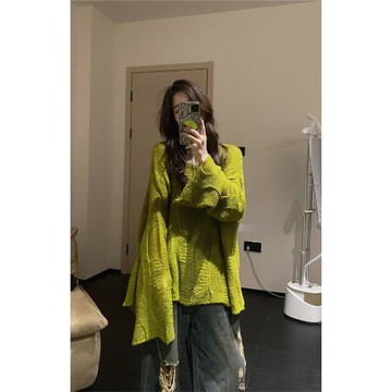 大碼女裝設計感韓版慵懶風綠色小清新長袖針織衫毛衣早秋寬松上衣