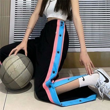臺灣出貨 美式潮流運動休閒褲女夏設計感小衆hiphop炸街開叉排扣九分闊腿褲直筒褲女休閒長褲薄女生褲子男女同款運動褲