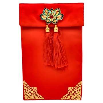 摩達客 農曆春節開運 綢緞布古典花朵雙流蘇底框金藝術紅包袋  1個