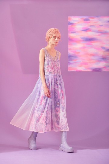 紫色蕾絲拼漸變色吊帶紗裙兩件套