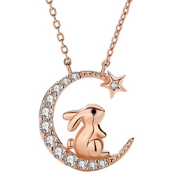 Sayaka 紗彌佳 925純銀月光下的約定兔子月亮造型鑲鑽項鍊  40 + 4cm  玫瑰金