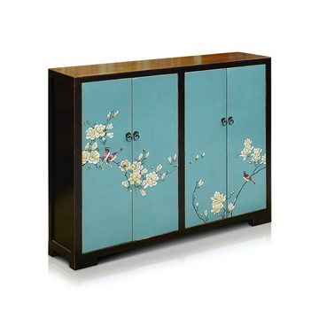 【C'est Chic】鳥啼山曉手繪實木四門鞋櫃-幅118cm-黑框風化藍綠