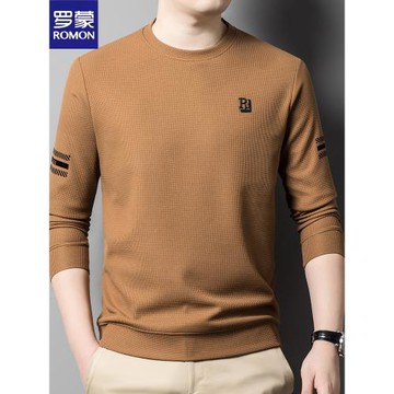 Romon/羅蒙秋季男士華夫格圓領T恤衫寬松休閑衛衣長袖打底上衣薄