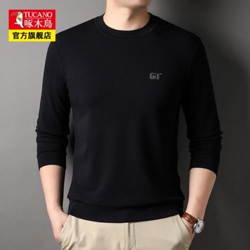 啄木鳥長袖T恤男士純色寬松春季新款衛衣圓領青年百搭內搭打底衫