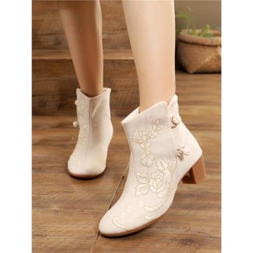 漢服短靴子女鞋民族風單靴繡花靴復古旗袍鞋老北京布鞋中跟