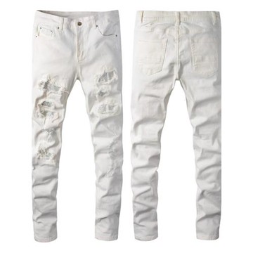 潮牌歐美白色網紅燙鉆補丁牛仔褲