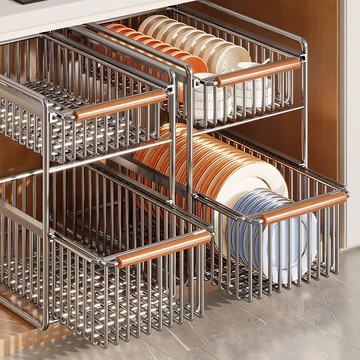免運 最低價 碗盤櫥櫃 不銹鋼碗碟收納架櫥櫃內抽拉式放碗盤置物架抽屜拉籃廚房瀝水碗架S048快速出貨