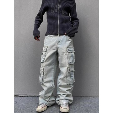 美式復古重工水洗工裝牛仔褲男潮牌街頭寬松休閑多口袋闊腿長褲子