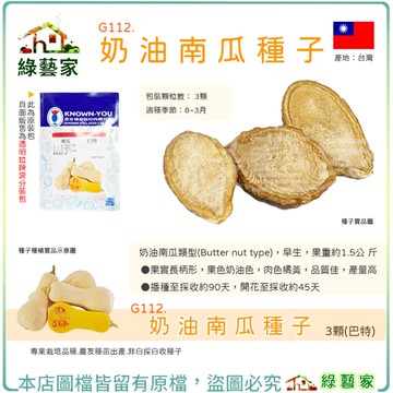 【綠藝家】G112.奶油南瓜種子3顆(巴特)早生、品質優良之奶油南瓜 肉色橘黃，品質佳，產量高