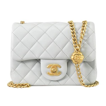 CHANEL AS4040 Mini Coco 菱格羊皮山茶花金球金鏈包.淺藍 17CM