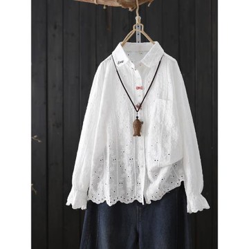 文藝范純色長袖襯衫女秋季2024年新款提花刺繡打底衫襯衣女裝上衣