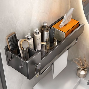 浴室收納架 槍灰色衛生間置物架免打孔洗手間廁所洗漱臺壁掛衛浴收納浴室架子-快速出貨