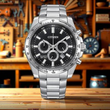 CITIZEN 星辰 Chronograph 紳男三眼計時手錶 1212購物節 送禮推薦-銀x黑/44mm AN8230-59E