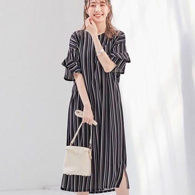 ベルーナ フリル袖tシャツワンピース ネイビー レディース 通販 Lineポイント最大get Lineショッピング