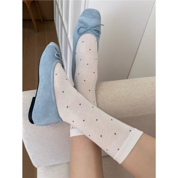 miu白色圓點襪子女中筒襪夏季薄純棉花邊波點少女芭蕾風長堆堆襪