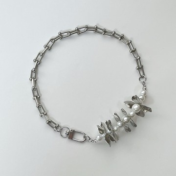 鏈墜項鍊 項鍊 銀色 花朵 珍珠 個性 頸鍊 珍珠項鍊