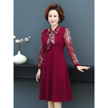 喜婆婆婚宴裝連衣裙媽媽婚禮服酒紅色高貴丈母娘秋季年輕平時可穿