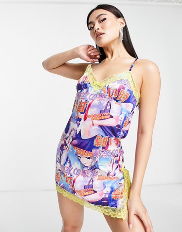 New Girl Order Anime printed lace trim chemise-Multi