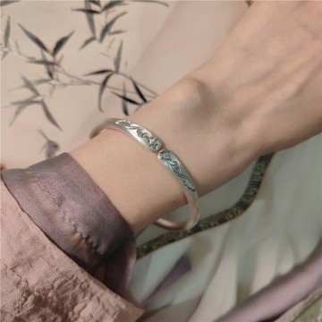 (免運)扶搖  銀奶奶復古文藝簡約老式古法手工細銀手鐲環刻字送媽媽女友