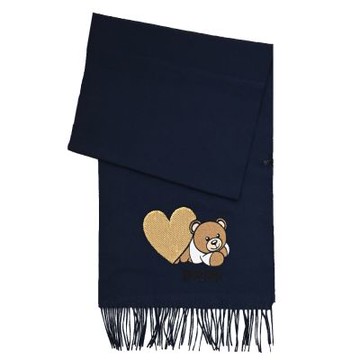 MOSCHINO 亮片愛心可愛小熊圖案羊毛流蘇款長圍巾(深藍)