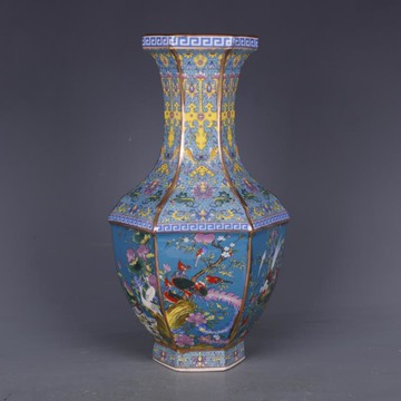 清雍正年制藍地琺瑯彩六方花鳥賞瓶仿古工藝瓷器古董古玩客廳擺件1入