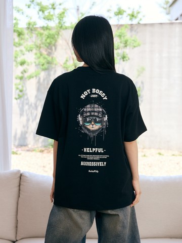 率性耳機墨鏡貓咪背圖短T