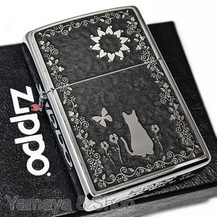 ZIPPO ジッポ ライター 両面 キャット フラワー グレー  シルバー ネコ 可愛い 別柄デザイン