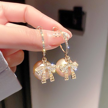 925銀針時尚個性耳環女珍珠鑲鉆蝴蝶結氣質高級感耳墜