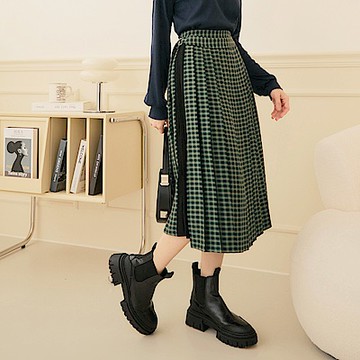 OB嚴選-率性格紋收腰綁帶撞色拼接百褶裙