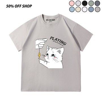 日系喵喵討魚計畫 可愛貓咪插畫短T 純棉短袖T恤 男女上衣 寬鬆休閒潮流T 學生穿搭款