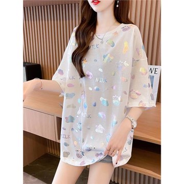 短袖T恤女燙金亮片夏季大碼寬松中長款下身失蹤時尚洋氣卡通上衣