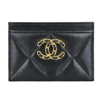 CHANEL 19 金鍊雙C LOGO菱格紋小羊皮3卡卡夾(黑x桃紅)