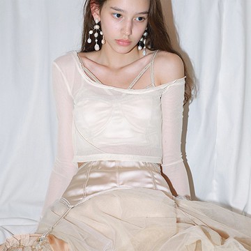 RIMLESS無邊設計師露肩網紗長袖打底衫一字肩透視T恤短款上衣女夏