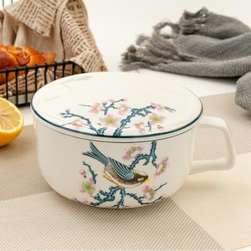 金嵐玉骨瓷帶把瓷蓋泡面碗單個帶蓋大號手柄碗家用泡面碗防燙碗