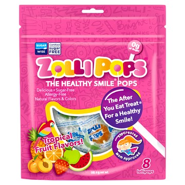 ZOLLI POPS 木糖醇無糖棒棒糖 熱帶水果口味 8支 不含砂糖、高果糖糖漿 全素可食  58.4g  1袋