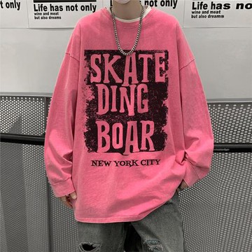 水洗做舊長袖t恤男春秋2024新款美式復古重磅潮牌印花衛衣打底衫